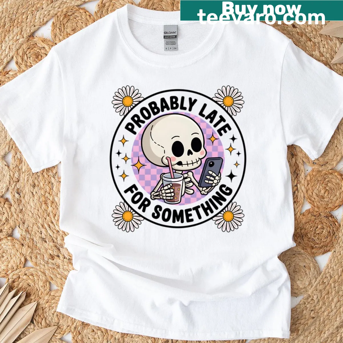 Y2K aesthetic t-shirt with skeleton and 'Probably Late' text — on a men's t-shirt