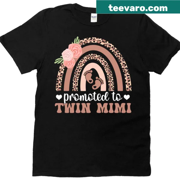 Maternity T-shirt announcing 'Promoted To Twin Mimi' with rainbow graphic