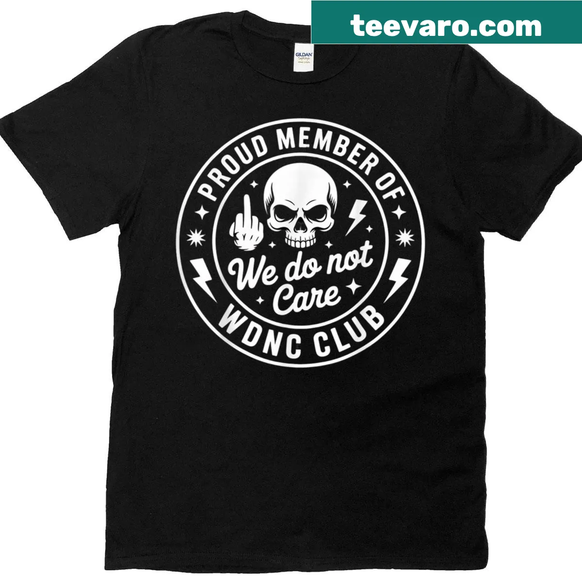 Bold typography for 'We Do Not Care' club on T-shirt — on a men's t-shirt