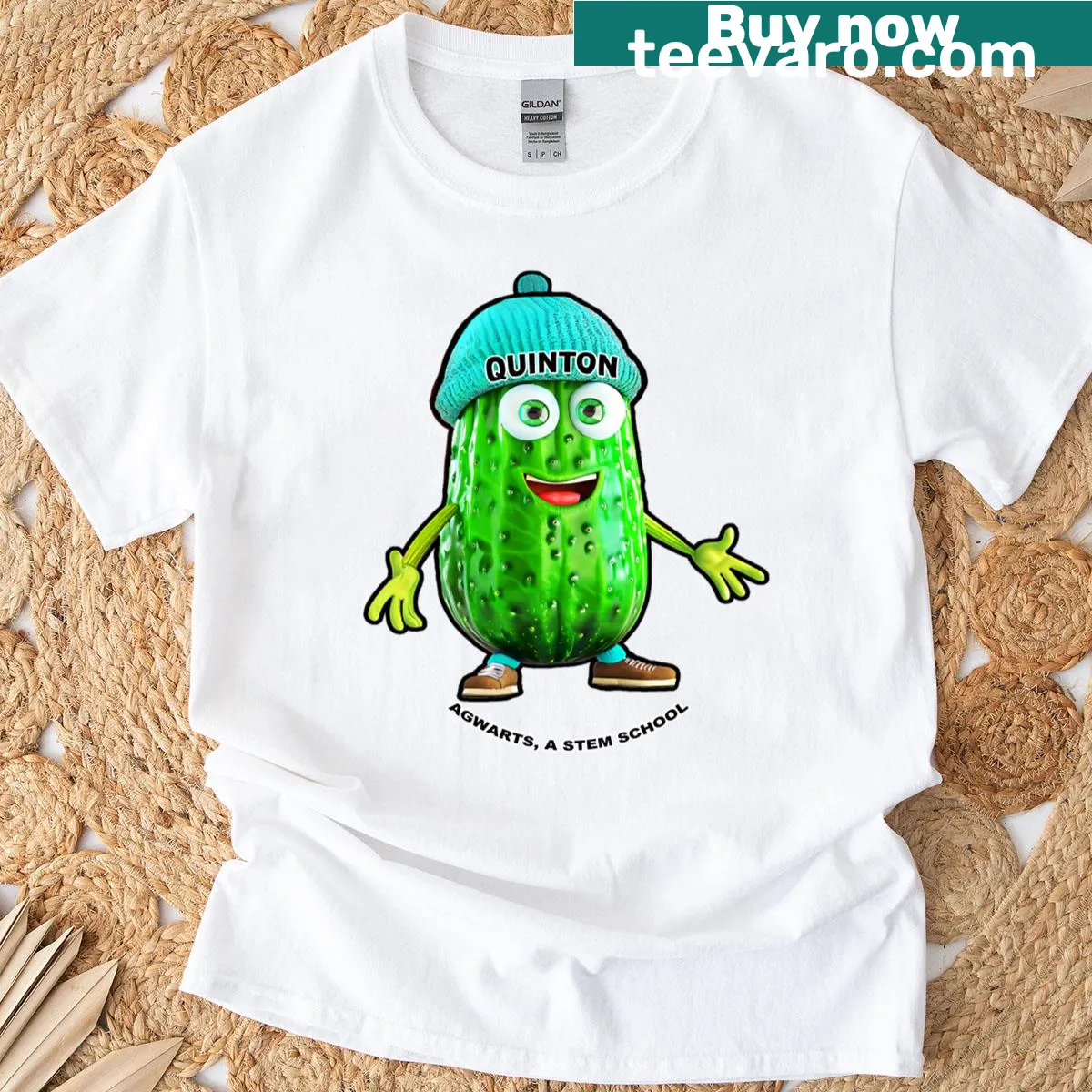 Cartoon t-shirt featuring a cute cucumber character — on a men's t-shirt
