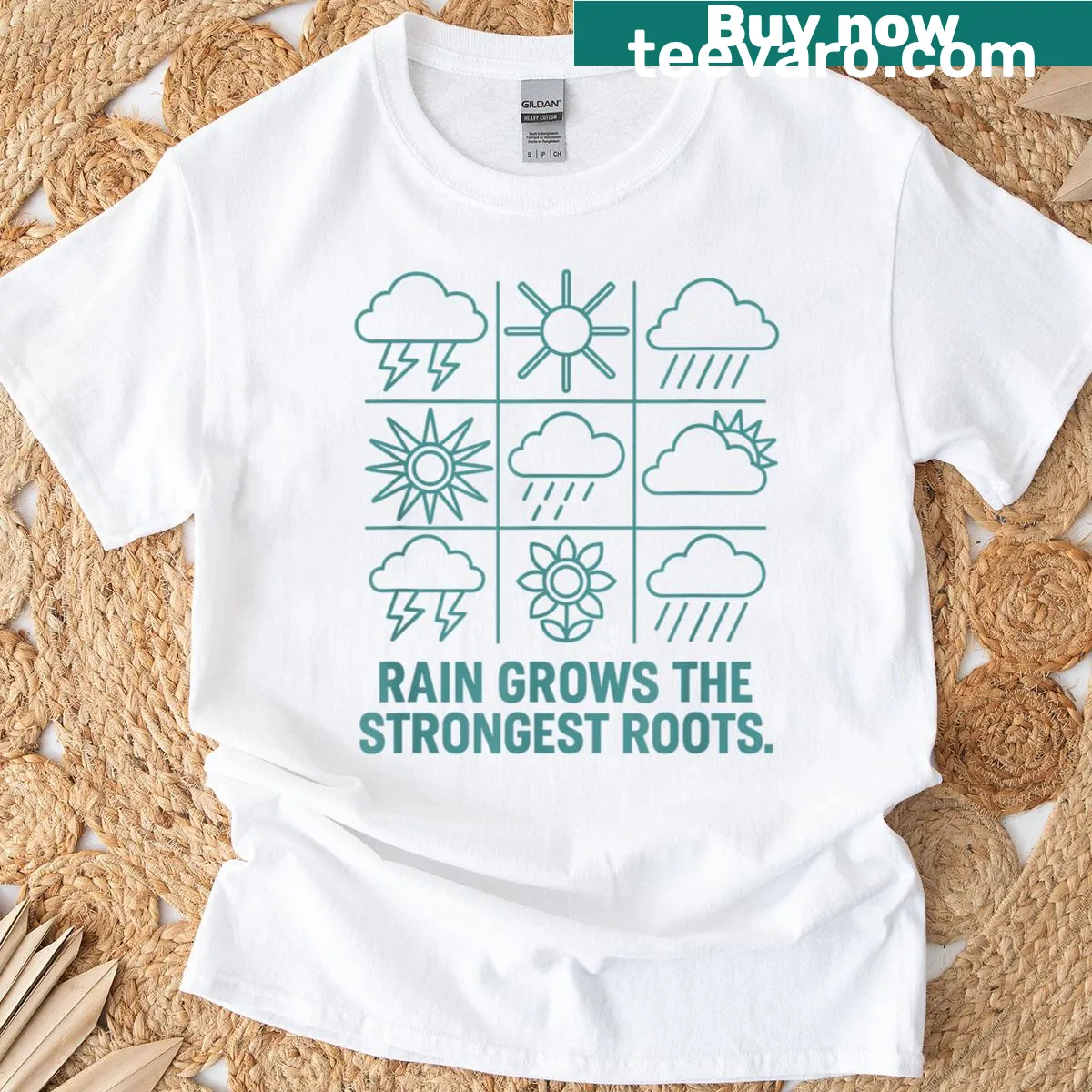 Inspirational T-shirt with 'Rain Grows The Strongest Roots' text — on a men's t-shirt