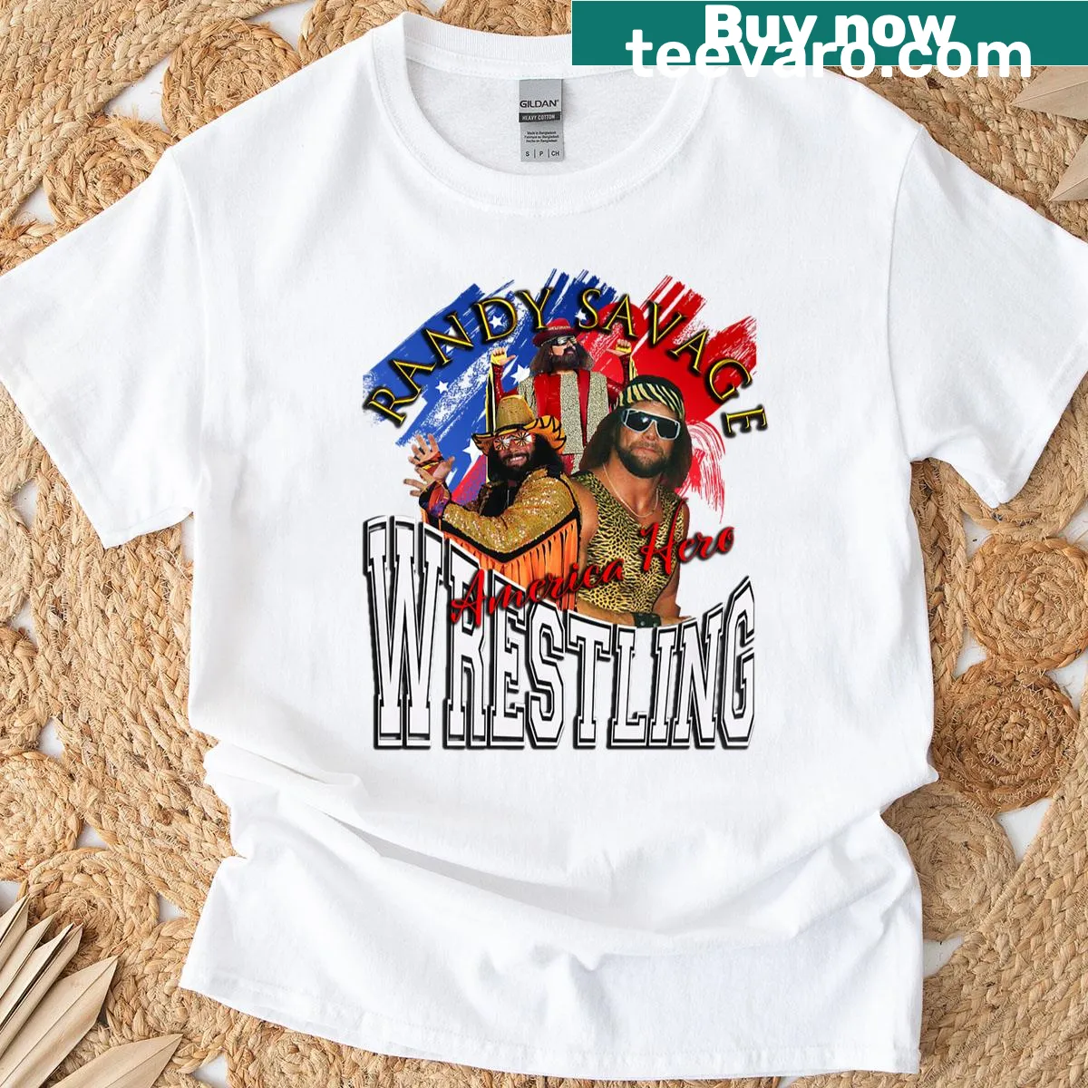 Illustrated Randy Savage T-shirt with bold graphics — on a men's t-shirt