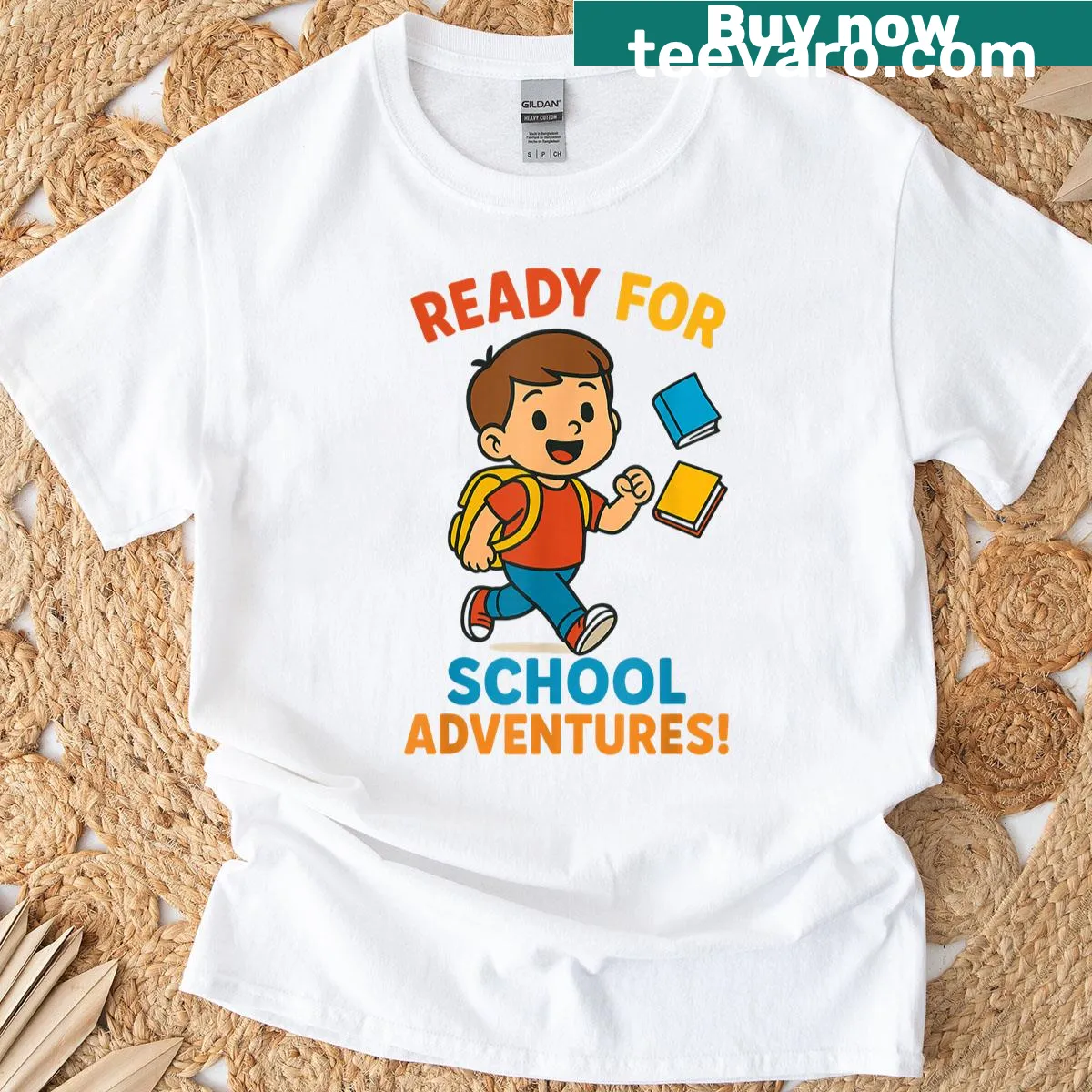 Illustrative t-shirt promoting school adventures for kids — on a men's t-shirt