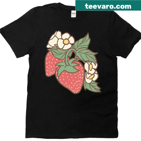 T-shirt with illustration of red strawberries and flowers