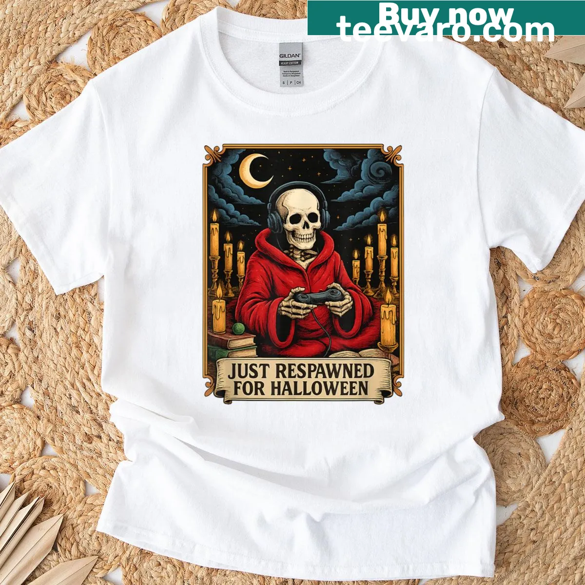Cartoon skeleton design for gamers on a Halloween t-shirt — on a men's t-shirt