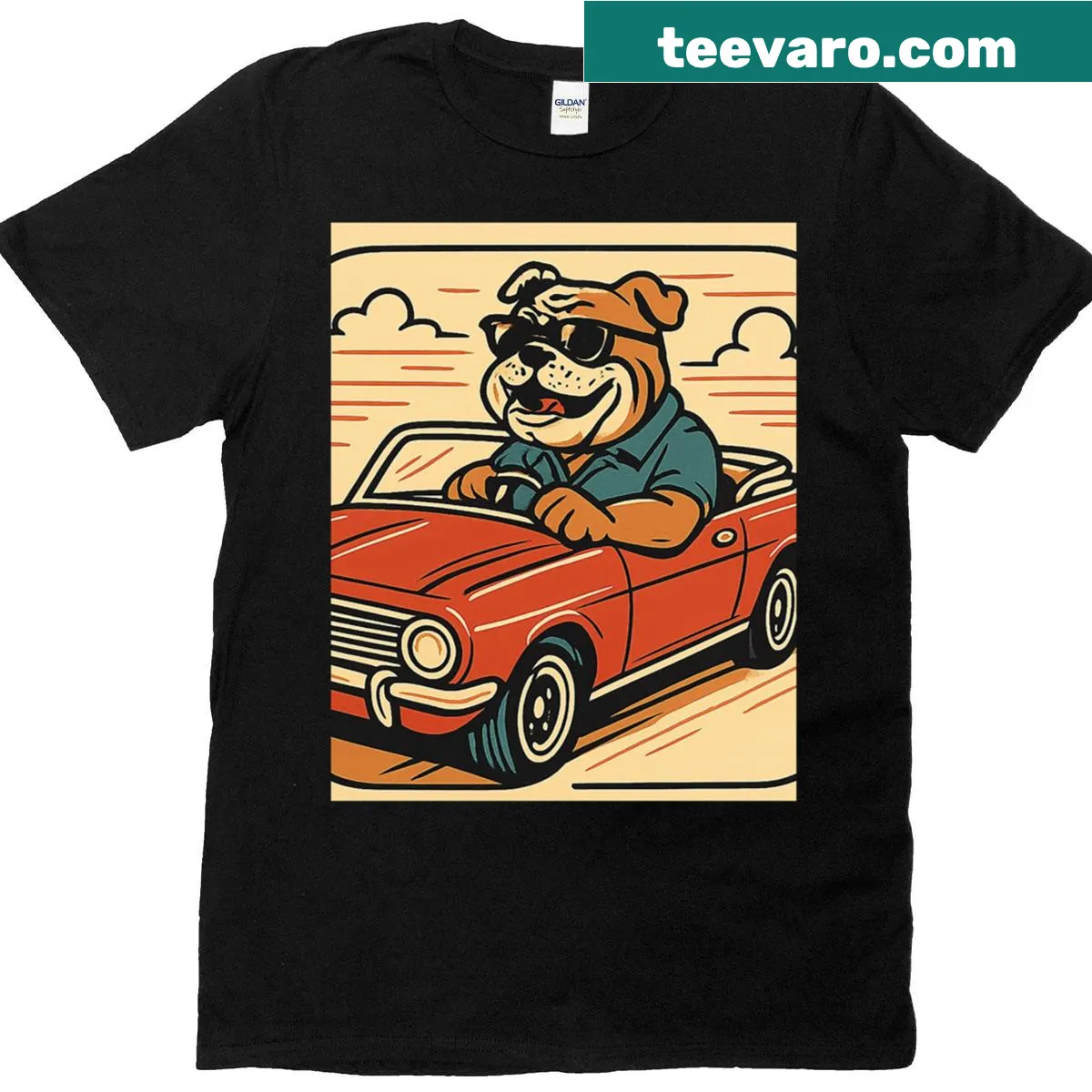 Cartoon bulldog driving convertible in bold lines graphic — on a men's t-shirt