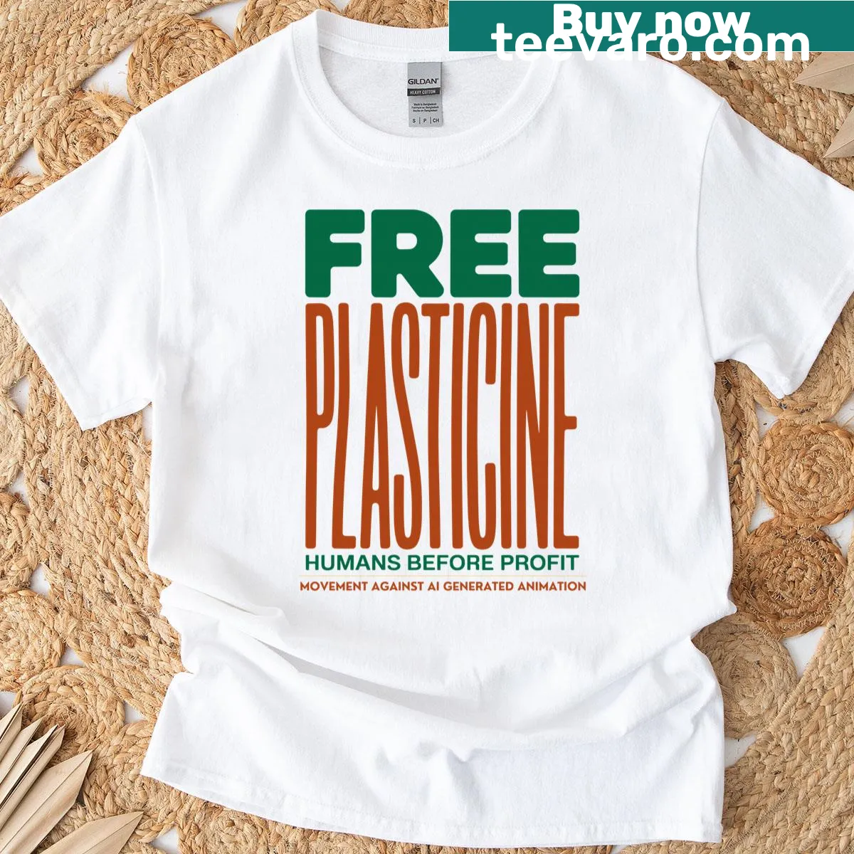 Retro 70s protest shirt with bold typography against AI art. — on a men's t-shirt