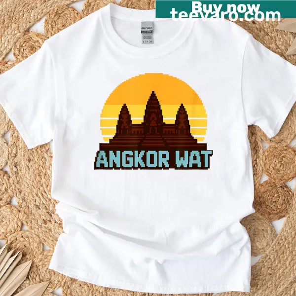 Retro 8-bit graphic of Angkor Wat temple on a T-shirt.