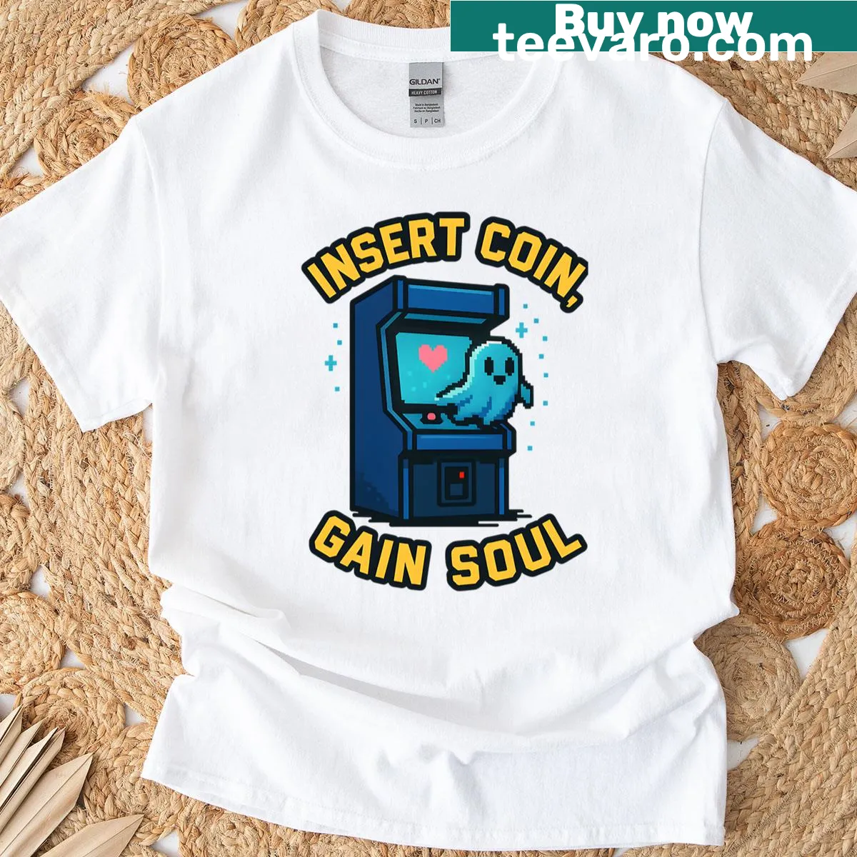 Funny gaming t-shirt with retro arcade ghost pixel art — on a men's t-shirt