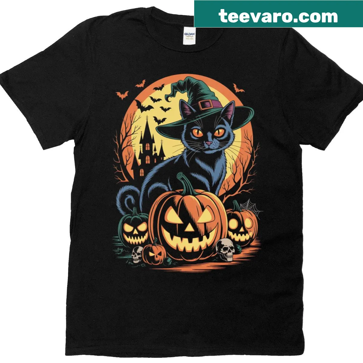 Halloween t-shirt with a black cat witch and pumpkin illustration — on a men's t-shirt