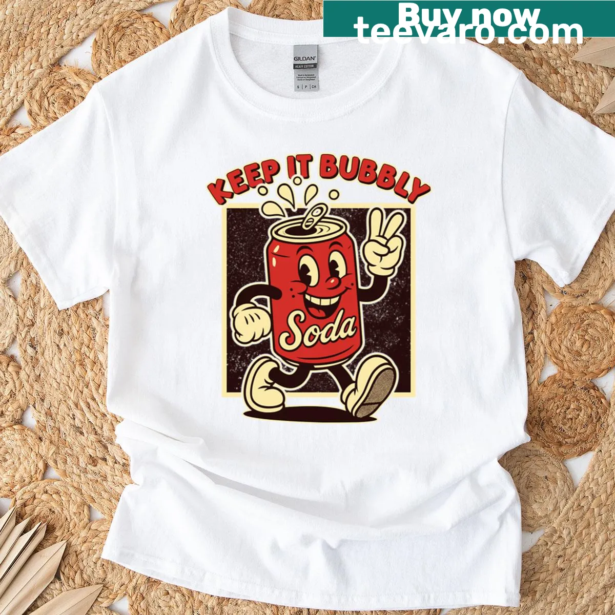 Retro cartoon soda can design with 'Keep It Bubbly' text — on a men's t-shirt