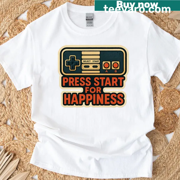 Retro gaming controller with 'Press Start For Happiness' text T-shirt