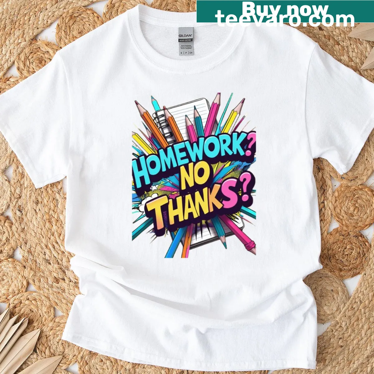 Pop art t-shirt with humorous 'Homework? No thanks!' graphic — on a men's t-shirt