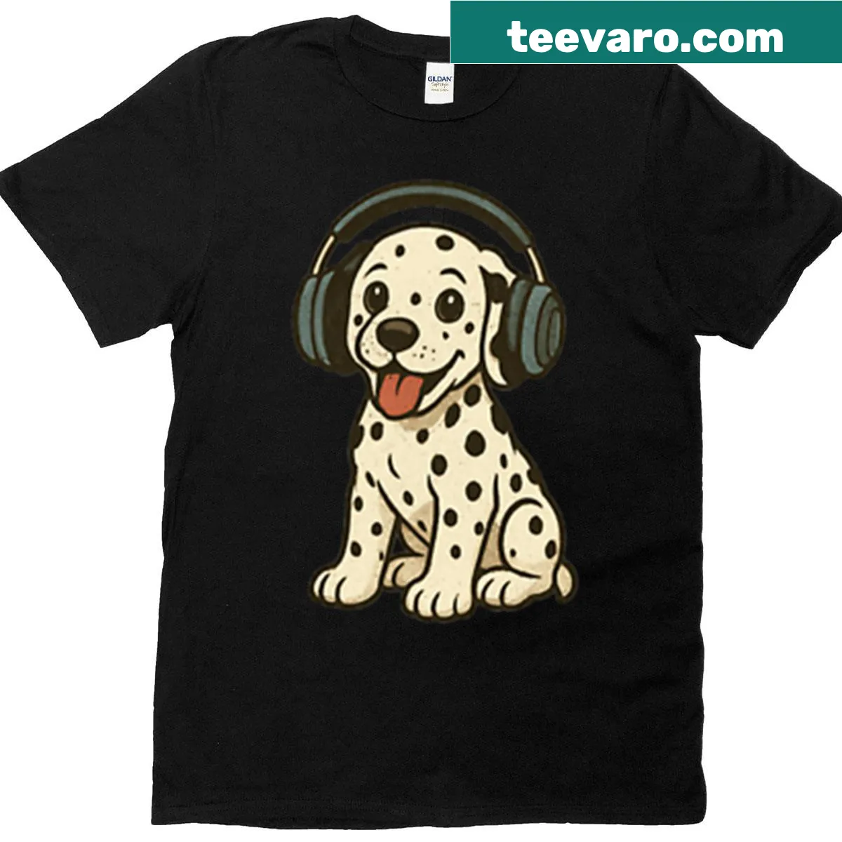Oversized T-shirt with cartoon Dalmatian puppy wearing headphones — on a men's t-shirt