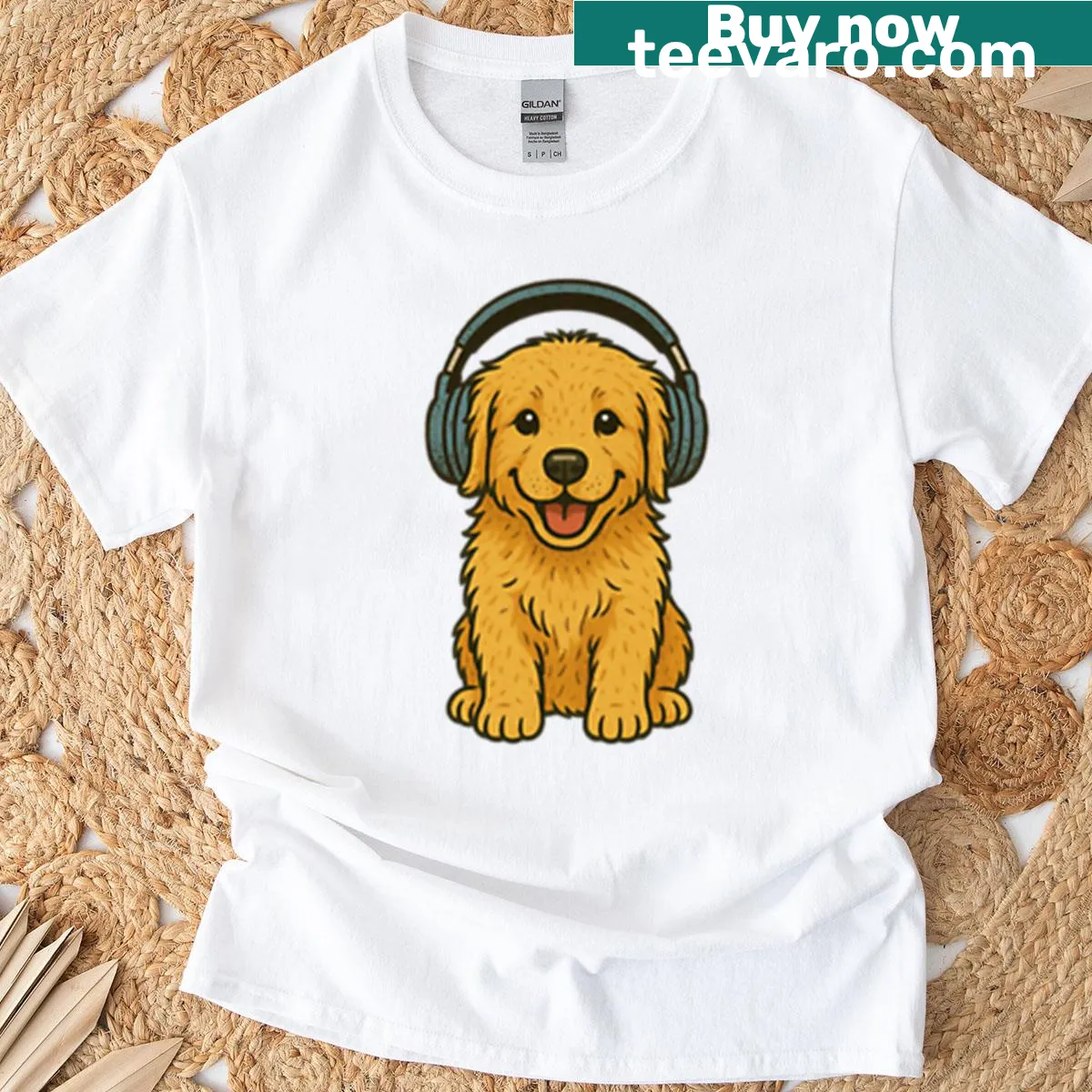Oversized t-shirt with a retro golden retriever puppy wearing headphones. — on a men's t-shirt