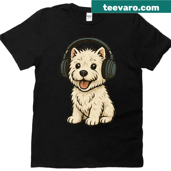 Retro t-shirt with Westie puppy and vintage headphones design