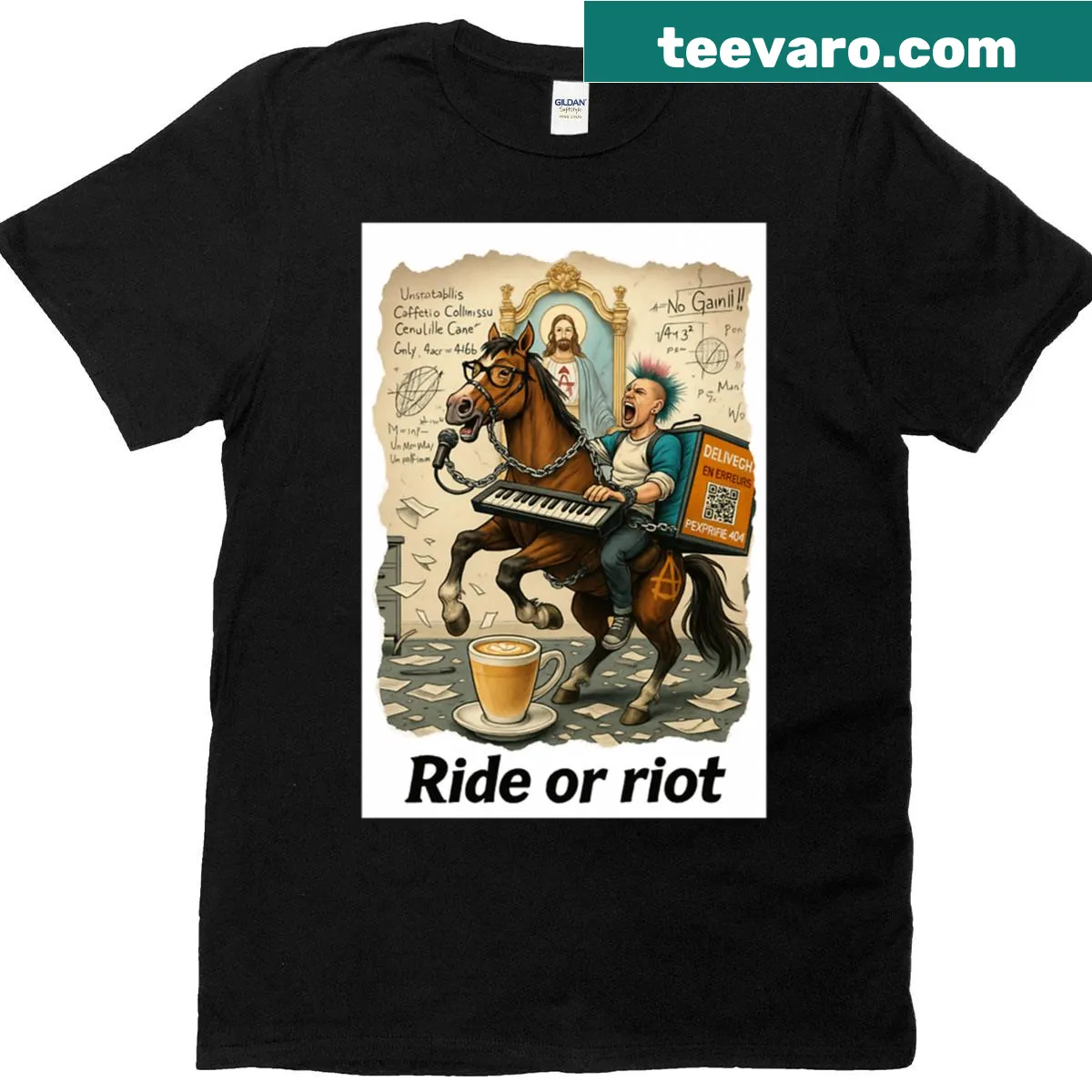 Oversized t-shirt with anarchist horse cartoon design — on a men's t-shirt