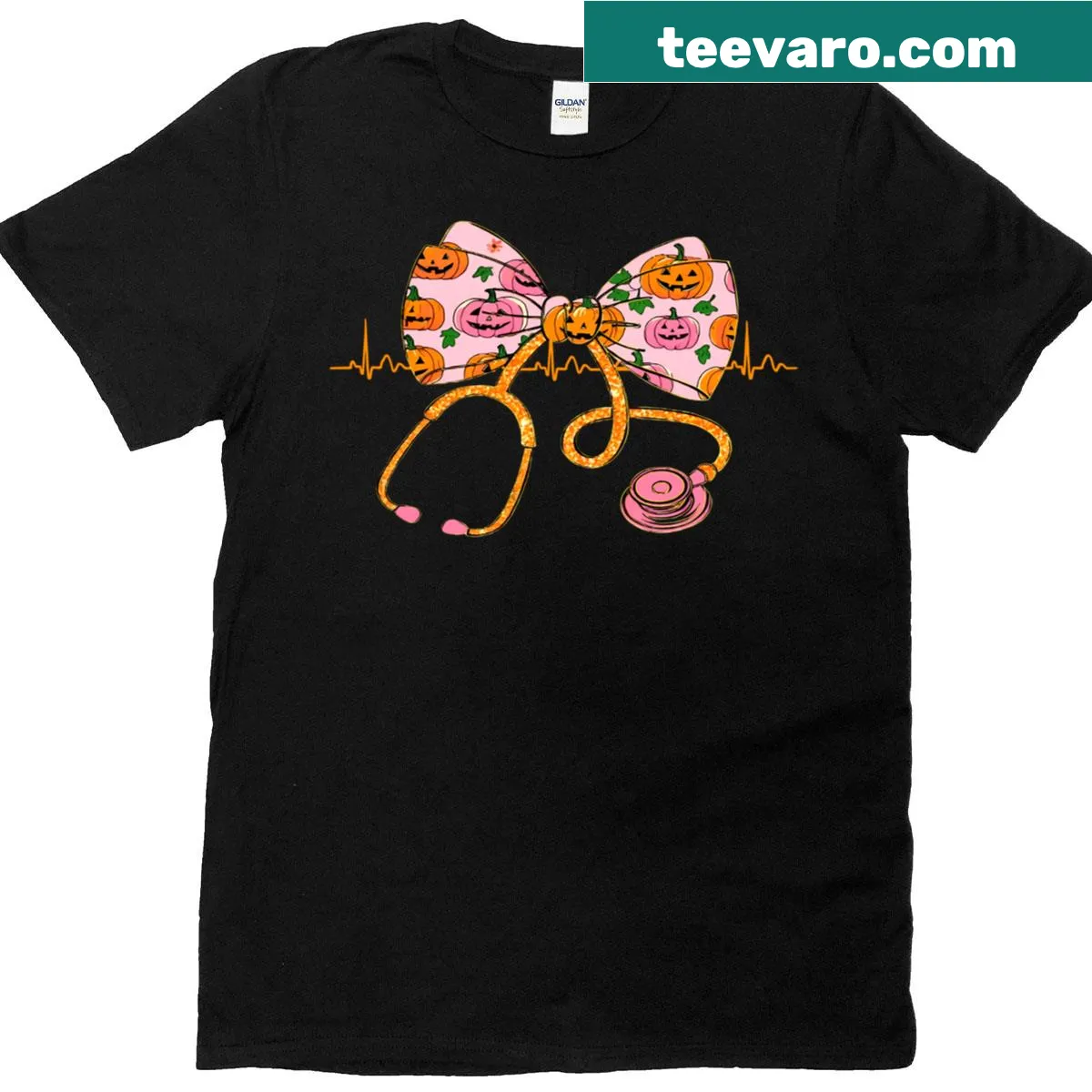 Illustrative nurse t-shirt with stethoscope, bow, and heartbeat design — on a men's t-shirt
