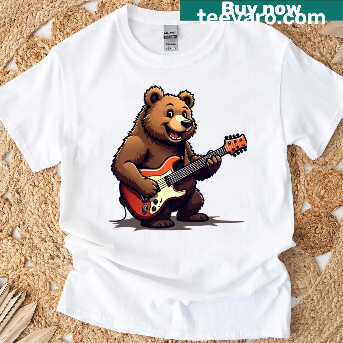 Oversized t-shirt featuring a funny bear playing guitar in a whimsical design — on a men's t-shirt