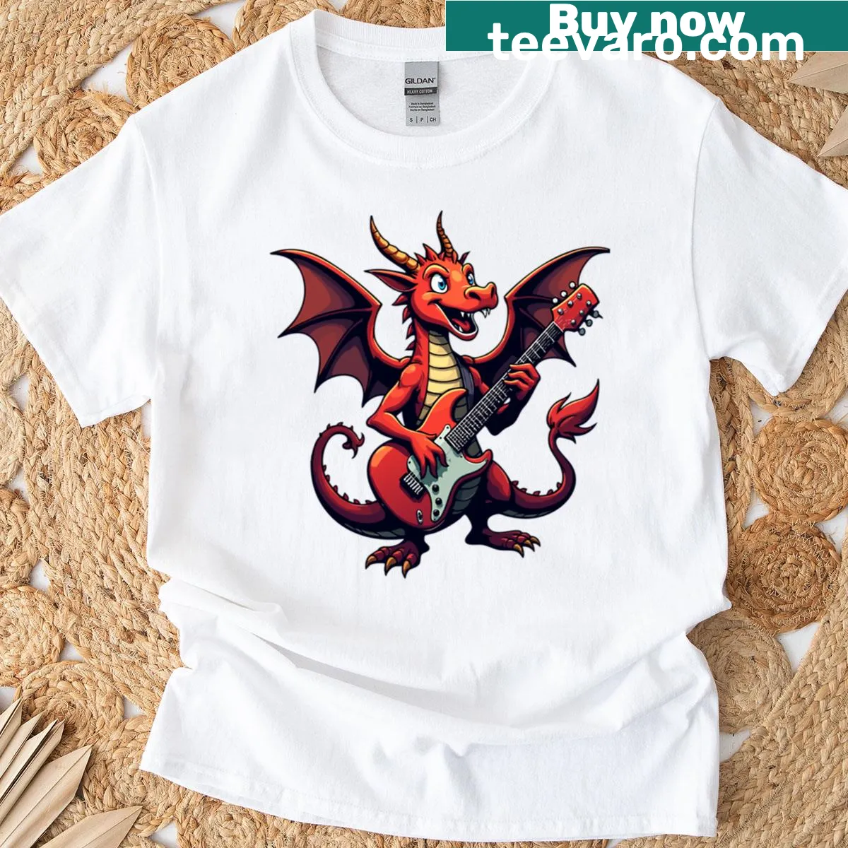 Rock dragon with guitar illustration on a fantasy music t-shirt — on a men's t-shirt