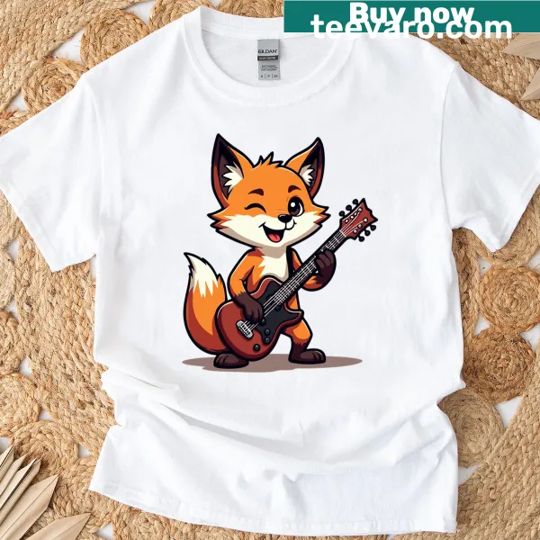 Cartoon fox with a guitar design on an oversized t-shirt