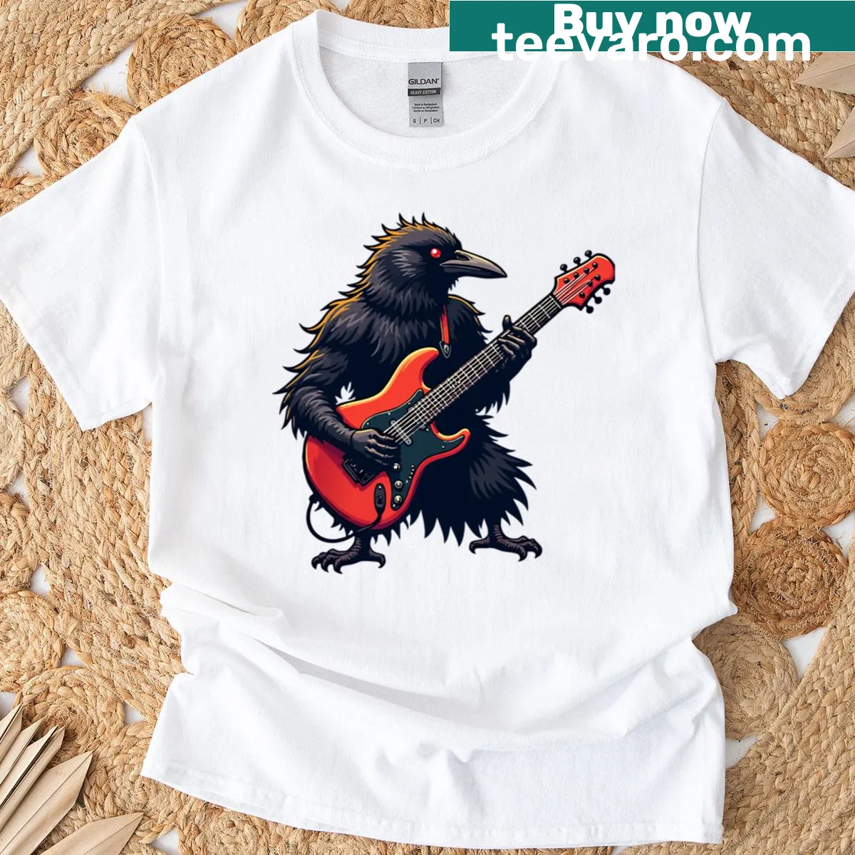 Raven playing guitar graphic T-shirt for gamers — on a men's t-shirt