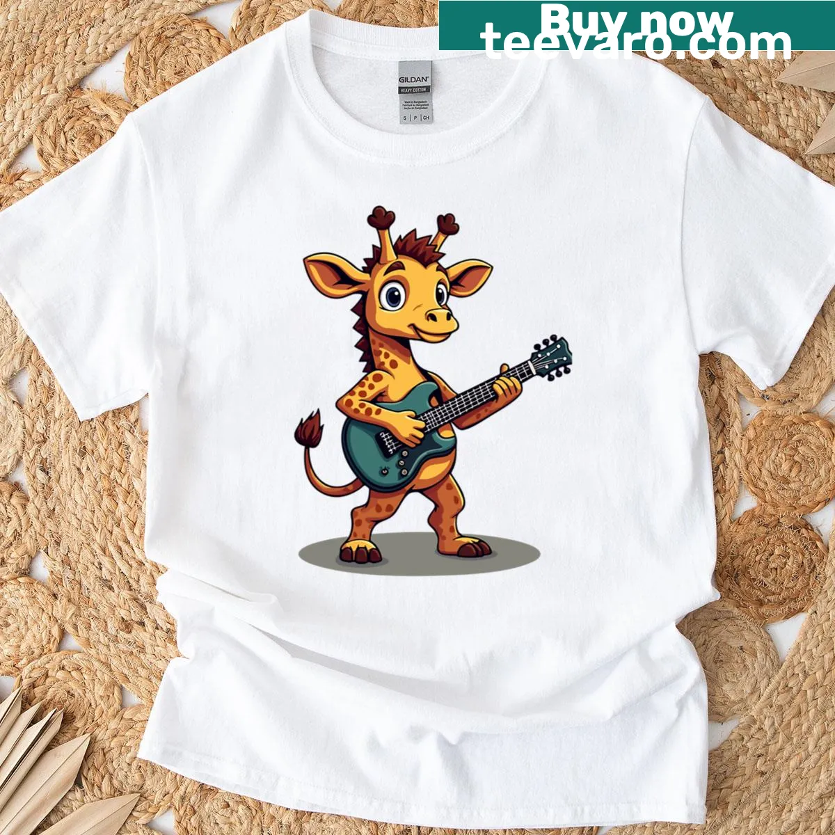 Playful graphic of a giraffe with a guitar on an oversized t-shirt — on a men's t-shirt