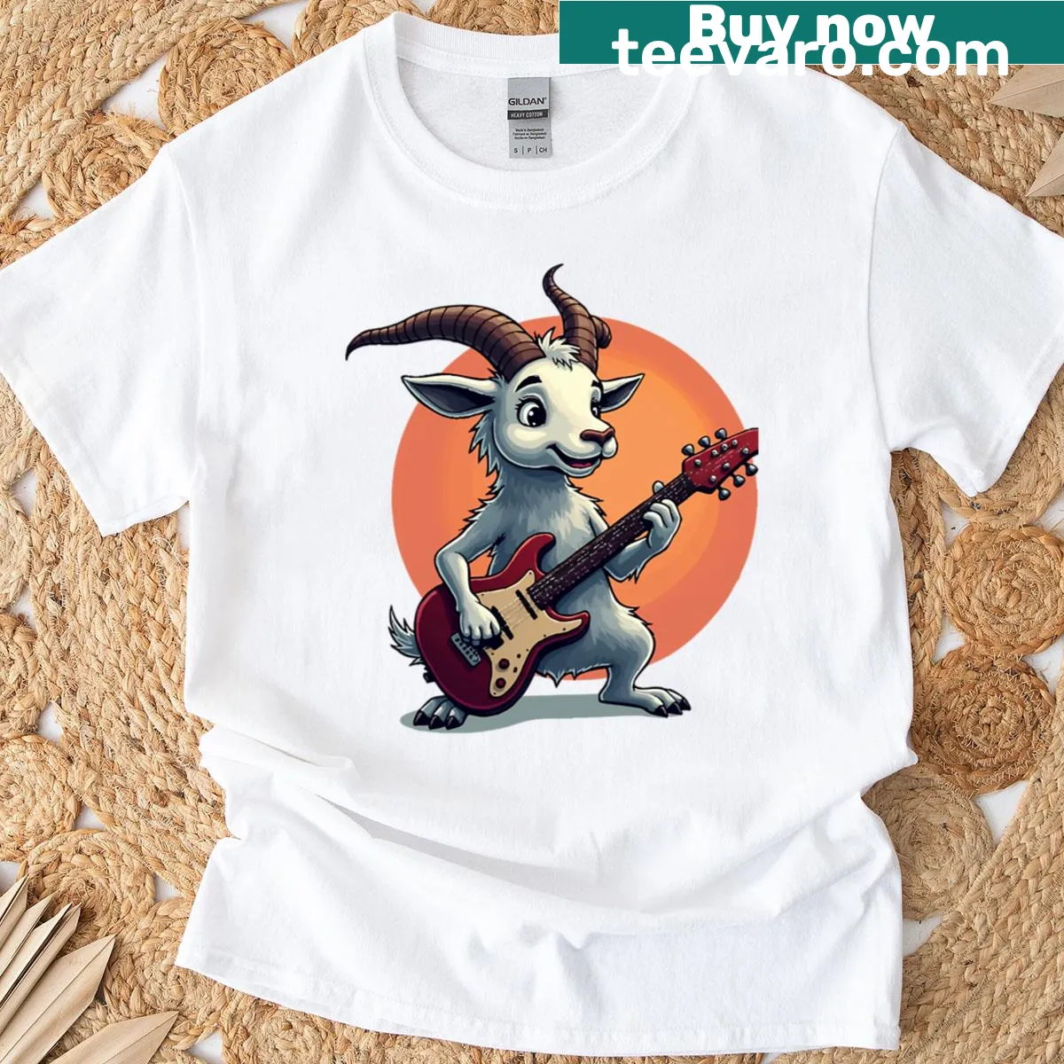 Oversized t-shirt with a cartoon goat playing guitar in a whimsical design — on a men's t-shirt