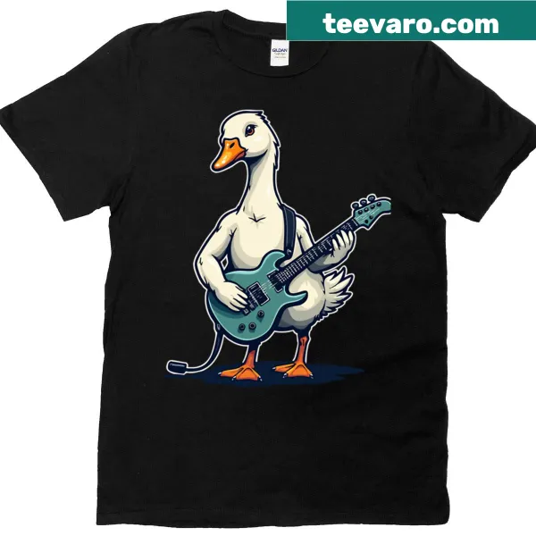 Cartoon graphic of a goose playing guitar on a T-shirt