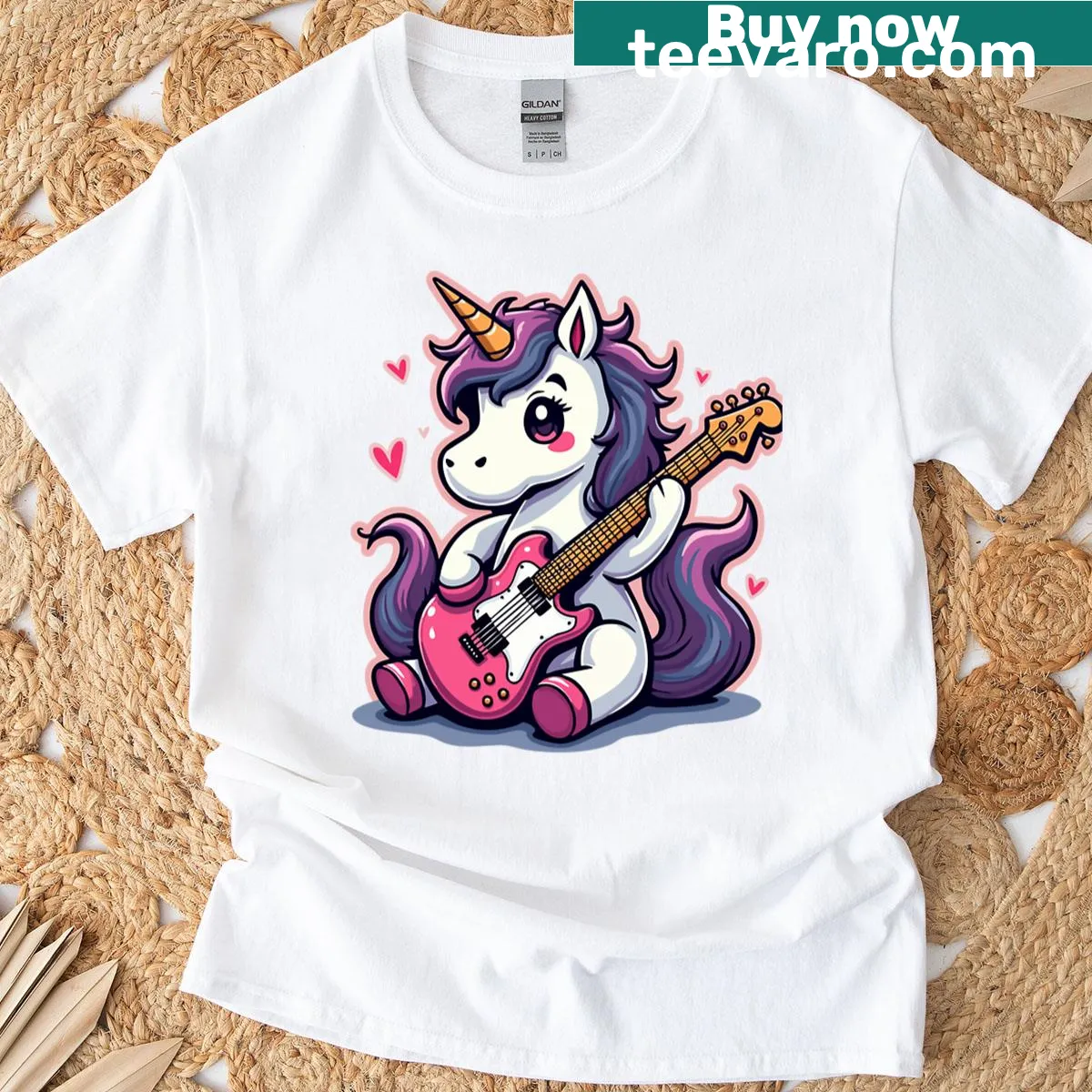 Playful unicorn t-shirt featuring a guitar-wielding cartoon unicorn — on a men's t-shirt
