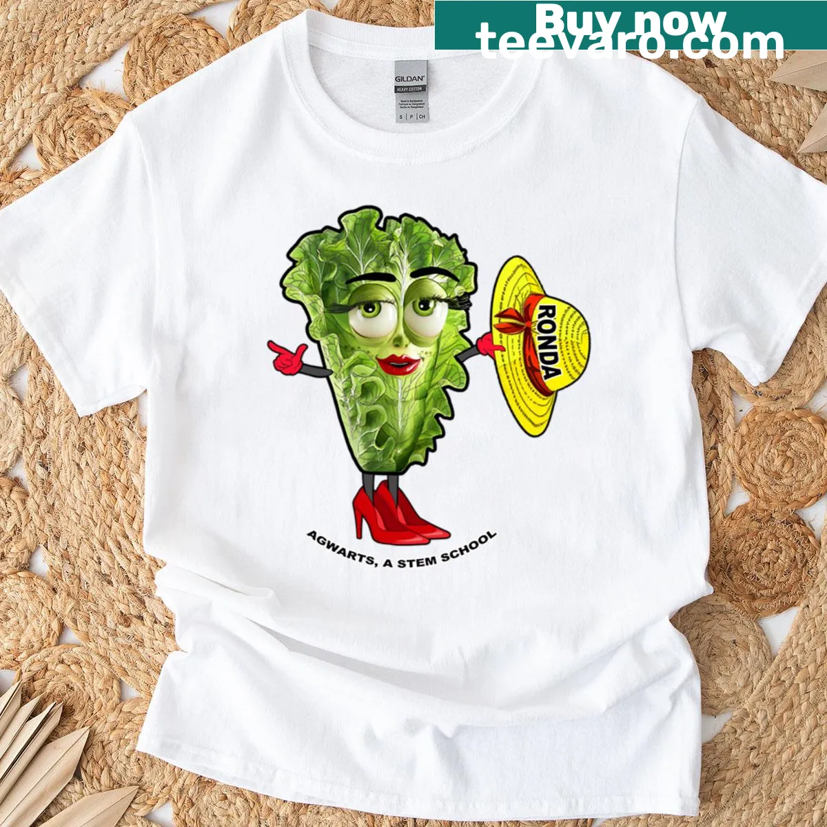 Graphic of Ronda Romaine lettuce character on a T-shirt — on a men's t-shirt
