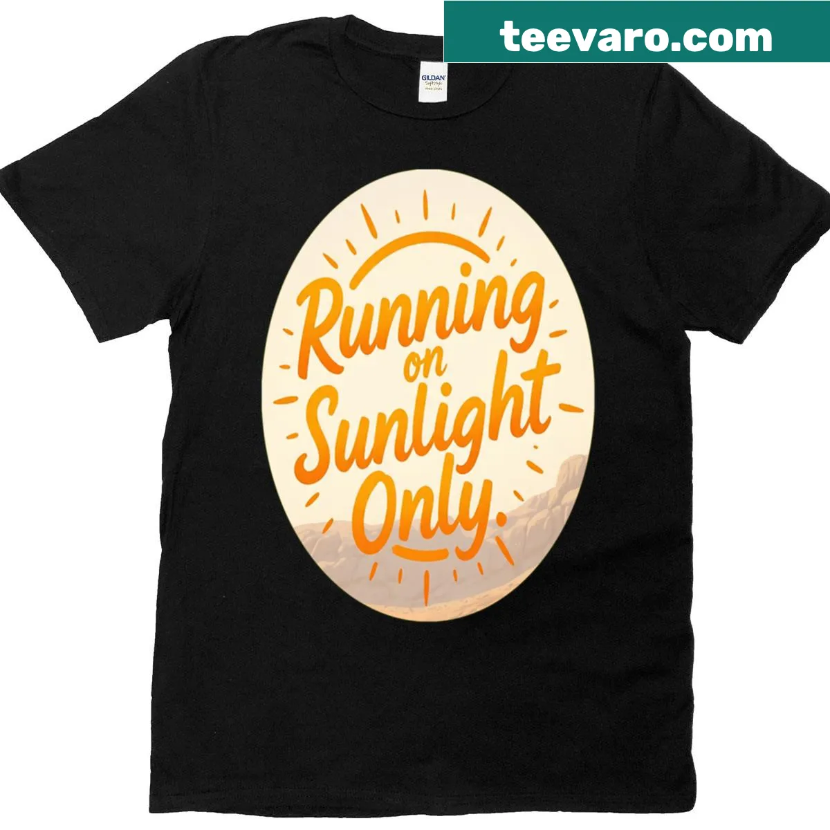 T-shirt with the inspirational phrase 'Running On Sunlight Only' — on a men's t-shirt
