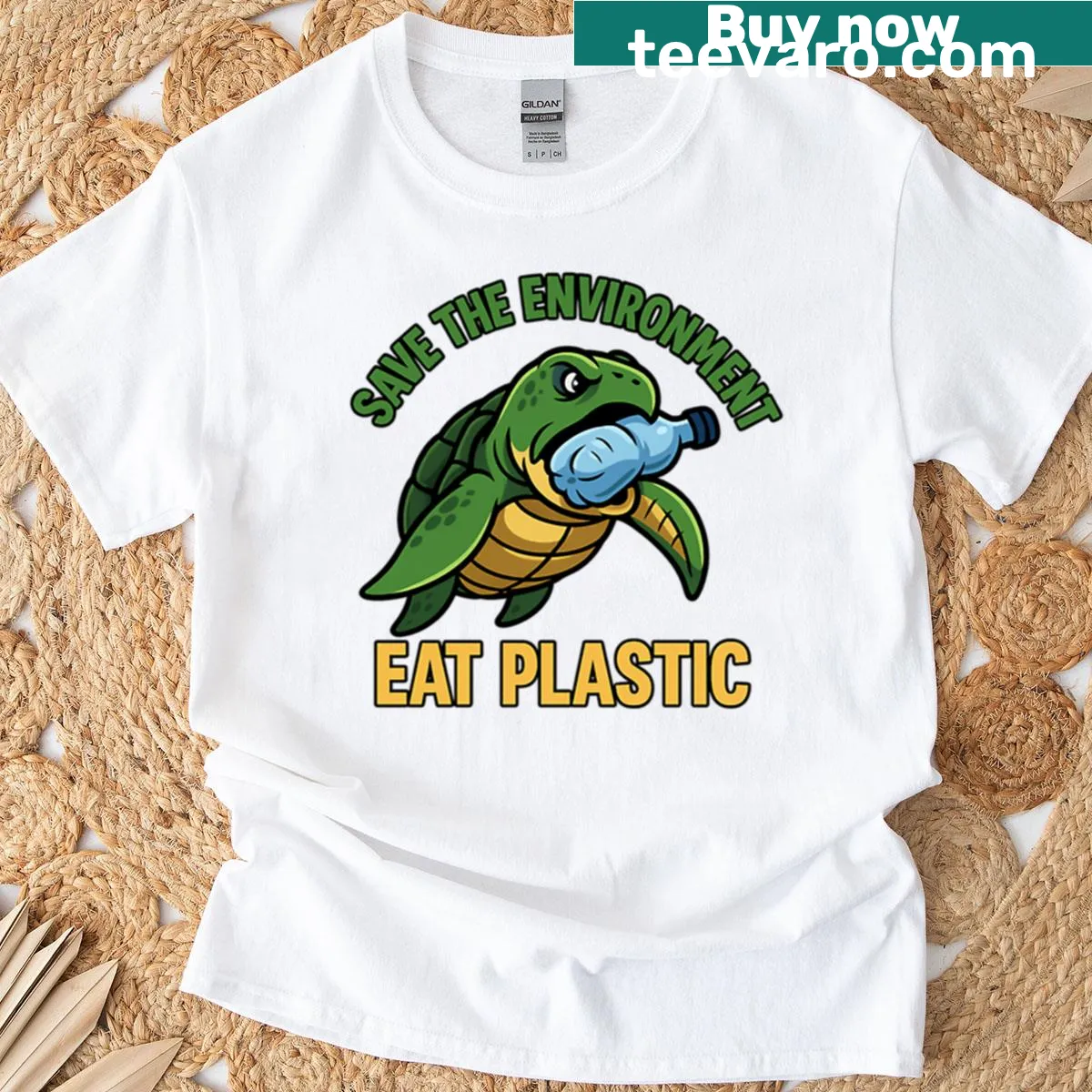 Eco-friendly turtle design T-shirt with a message about plastic — on a men's t-shirt