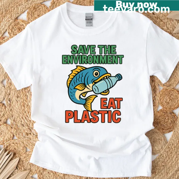T-shirt featuring a cartoon fish with a humorous eco message