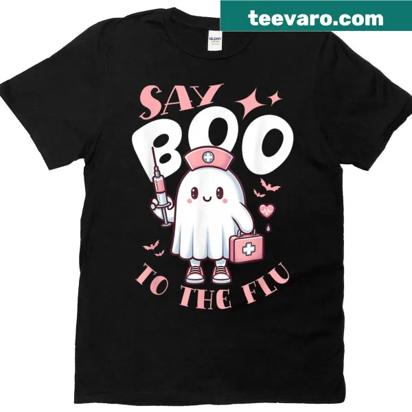 Funny Halloween t-shirt featuring a ghost nurse and 'Say Boo To The Flu'