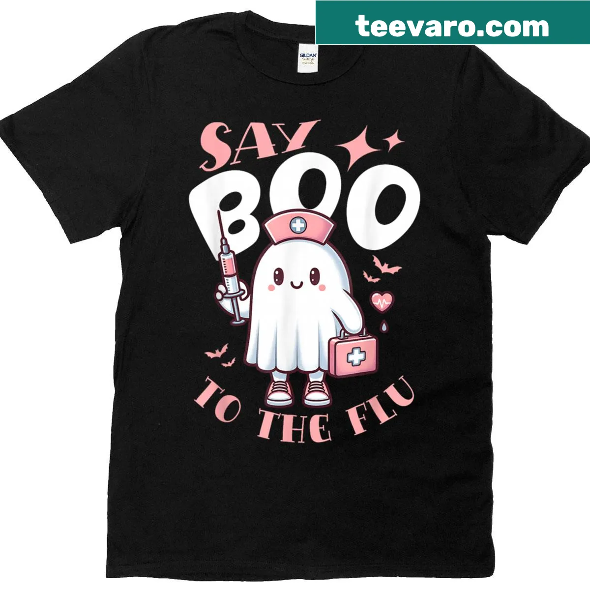 Funny Halloween t-shirt featuring a ghost nurse and 'Say Boo To The Flu' — on a men's t-shirt