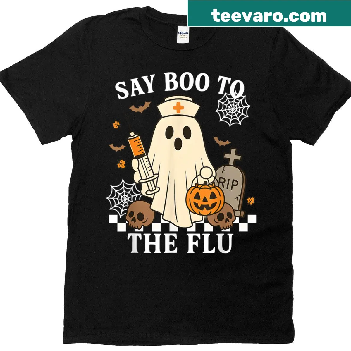Halloween nurse T-shirt with ghost saying 'Say Boo To The Flu' — on a men's t-shirt