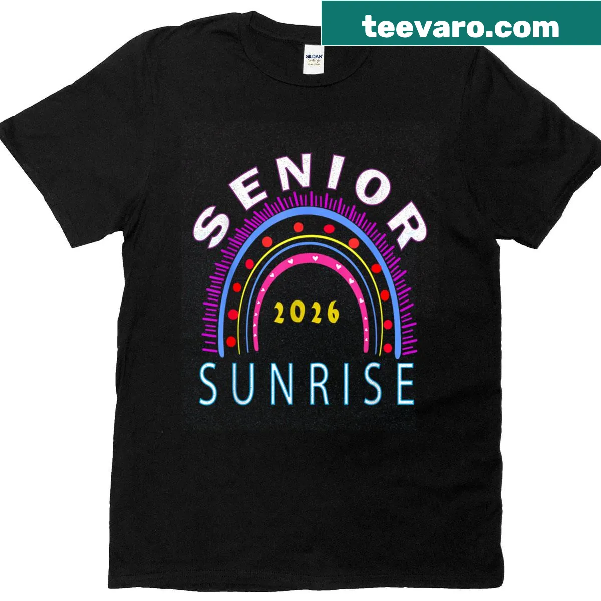 Illustrative senior graduation t-shirt with sunrise and Last First Day text — on a men's t-shirt