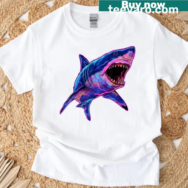 Illustrated sharks graphic on a t-shirt celebrating marine life