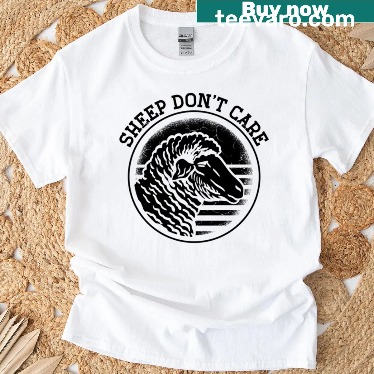Funny sheep illustration with text 'Sheep Don't Care' for farmers — on a men's t-shirt