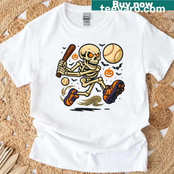 Halloween shirt featuring a skeleton baseball player illustration