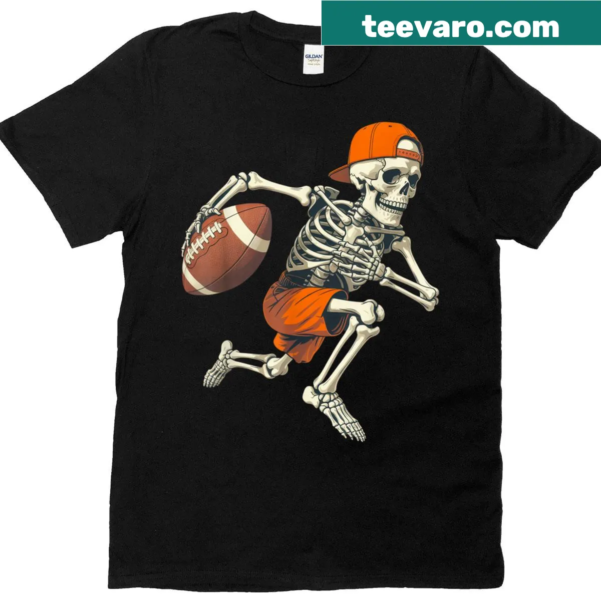 Funny skeleton football player t-shirt for Halloween — on a men's t-shirt