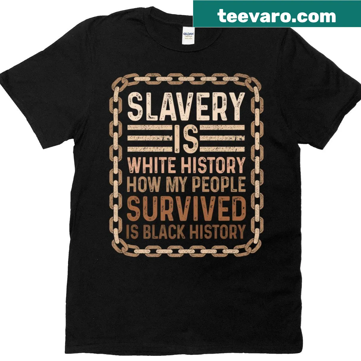 Bold typography shirt stating 'Slavery Is White History How My People Survived Is Black' — on a men's t-shirt
