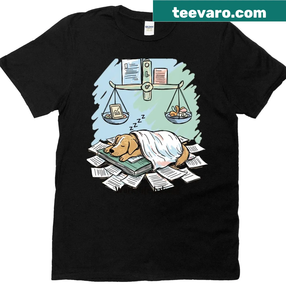 Illustrated t-shirt featuring a sleeping dog on papers — on a men's t-shirt