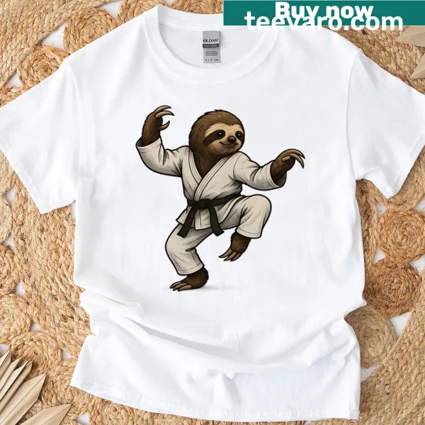 Illustration of a sloth practicing kung fu on a T-shirt