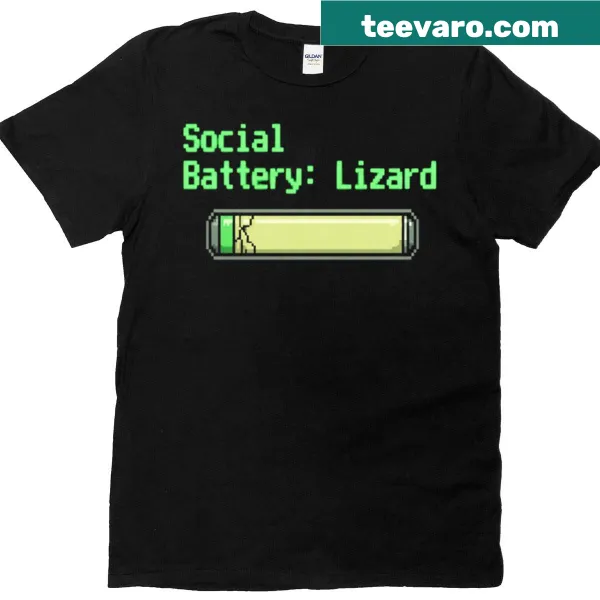 Lizard illustration with social battery graphic on a t-shirt