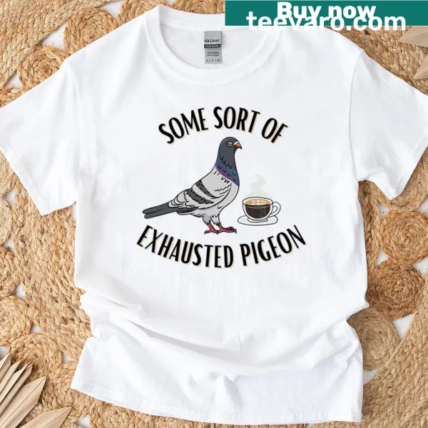 Cartoon of an exhausted pigeon on a T-shirt