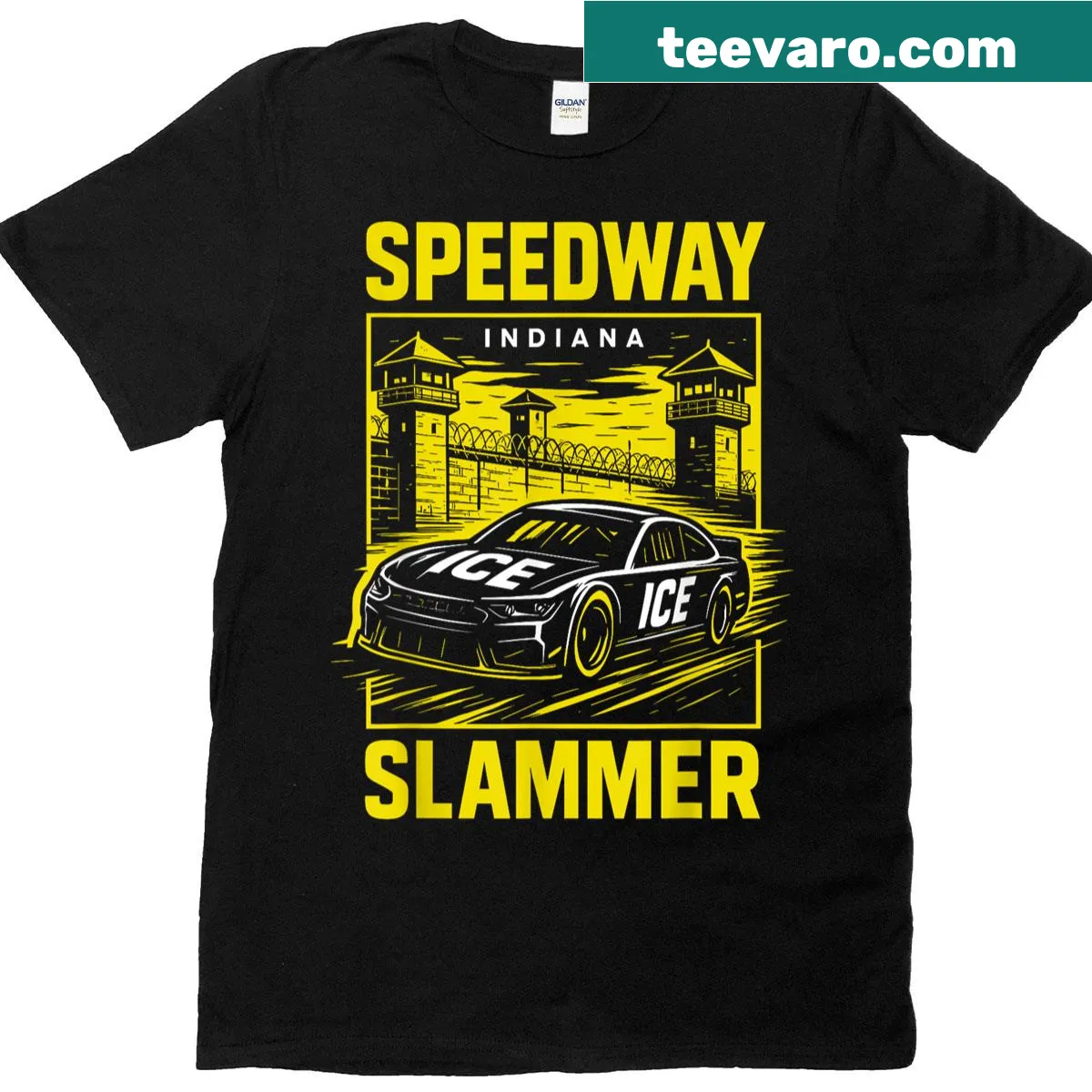 Bold t-shirt featuring 'Speedway Slammer' text design — on a men's t-shirt