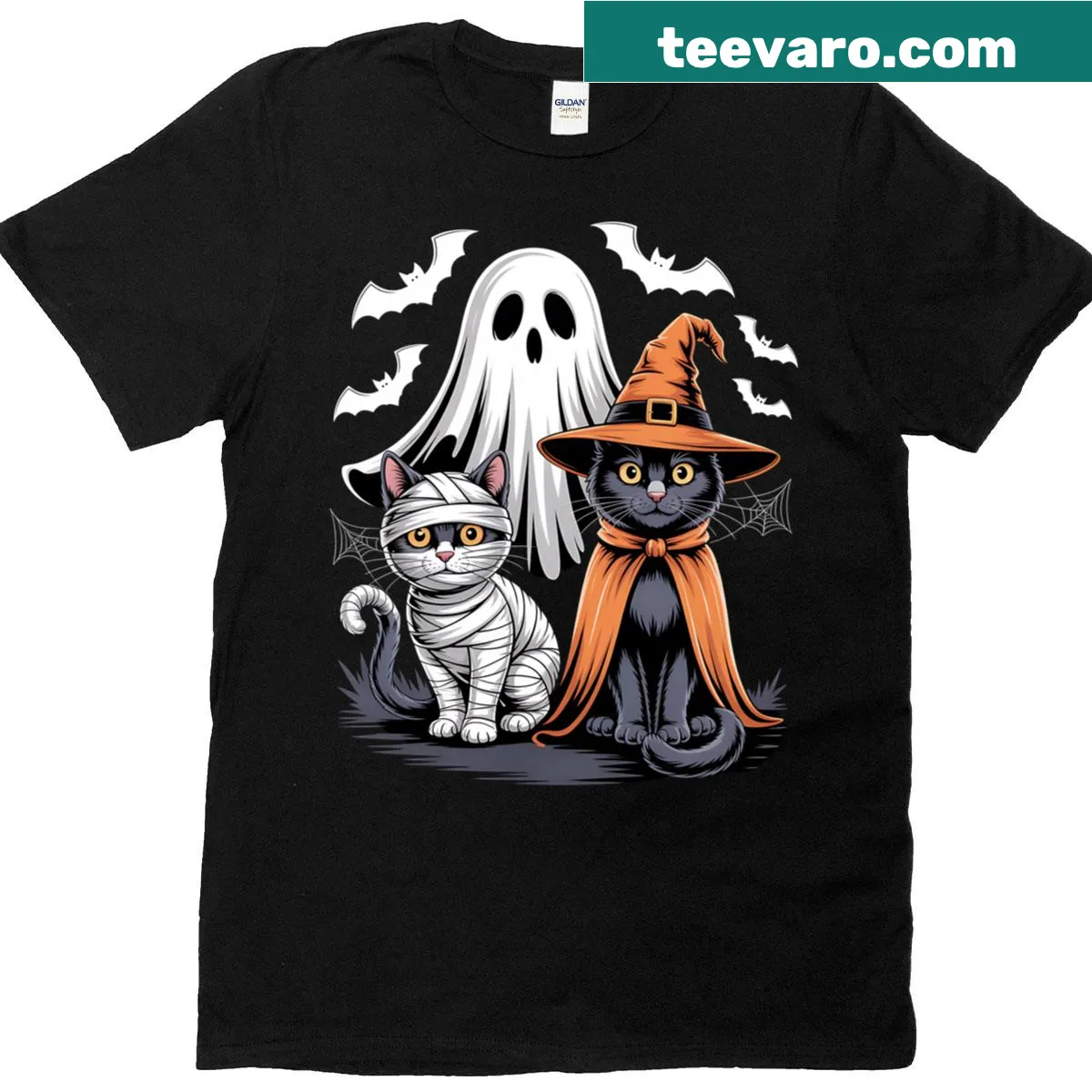 Cute Halloween t-shirt featuring ghost cats and a pumpkin design — on a men's t-shirt