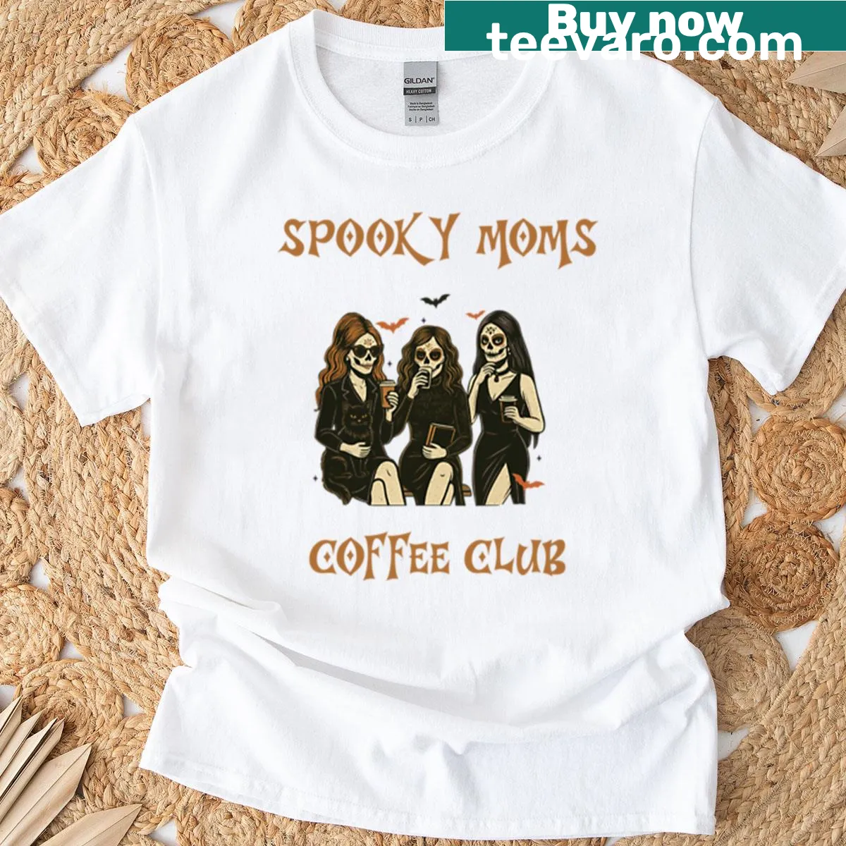 Funny Halloween design featuring coffee cups and spooky elements for moms. — on a men's t-shirt